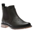 Black synthetic leather Chelsea ankle boot with elastic side gussets, rear pull tab, and a low, light-coloured, textured outsole. Style # T20612-B20