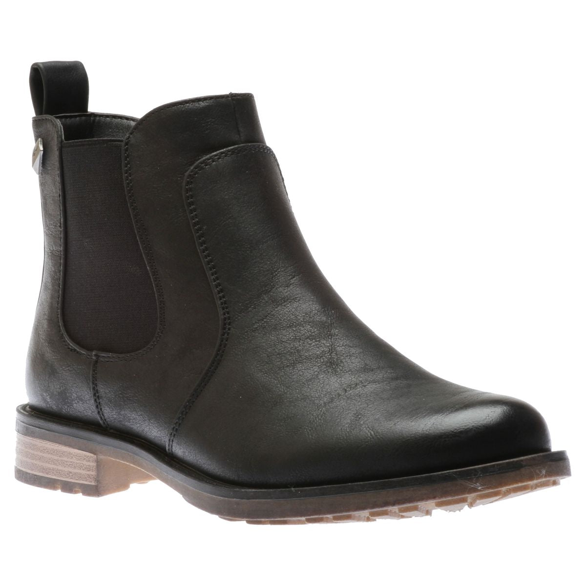 Black synthetic leather Chelsea ankle boot with elastic side gussets, rear pull tab, and a low, light-coloured, textured outsole. Style # T20612-B20