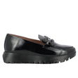 Glossy black patent leather loafer with a thick platform sole, rounded toe, and side elastic panels for easy slip-on wear and elevated style. Style #A2430