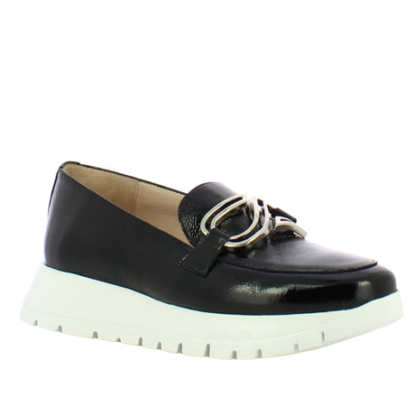 Glossy black patent leather loafer with a sleek metal band across the top, chunky cushioned sole, and modern platform silhouette designed for both style and comfort. Style #A2462-0136