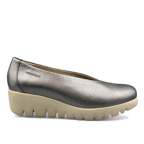 Metallic grey leather loafer with a clean slip-on profile, rounded toe, and lightweight cushioned sole, blending modern polish with classic comfort.  Style #33100-124