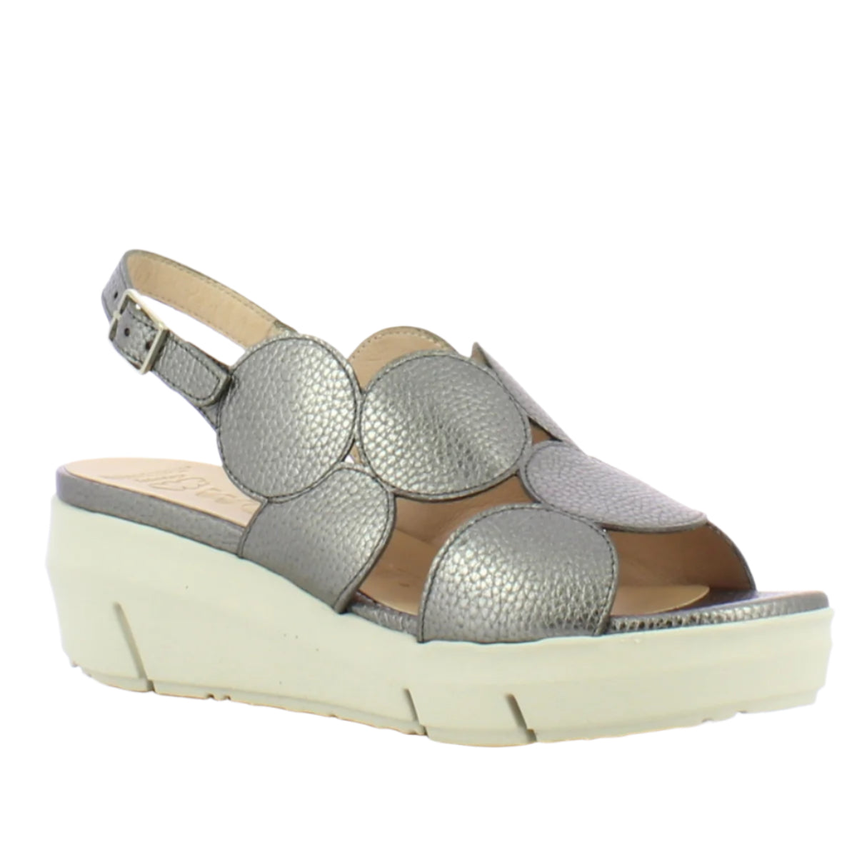 Metallic lead-grey ankle boot with rounded toe, side zipper, removable cushioned insole, and a lightweight WondersFly™ wedge sole for stylish cold-season comfort. Style #D8210-0302