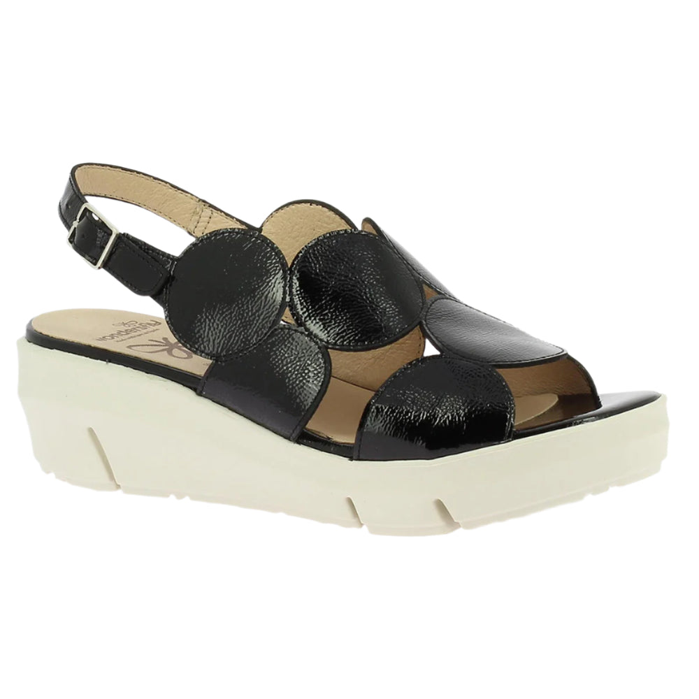 Glossy black patent leather slingback sandal with adjustable strap, softly cushioned footbed, and lightweight wedge heel designed for stylish all-day wear and support. Style #D8210-0015