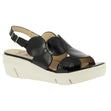 Glossy black patent leather slingback sandal with adjustable strap, softly cushioned footbed, and lightweight wedge heel designed for stylish all-day wear and support. Style #D8210-0015